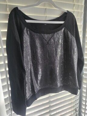 Black Sequin Front Scoopneck Women's Top